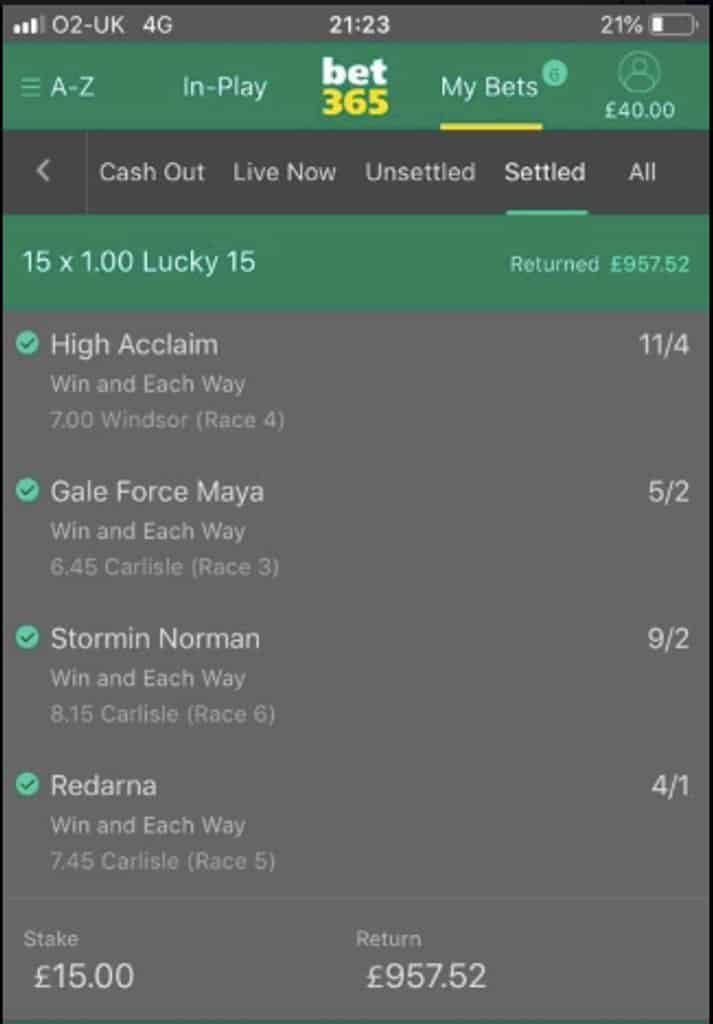 Winning lucky 15 bet