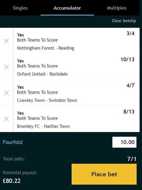 Both teams to score betting (BTTS)