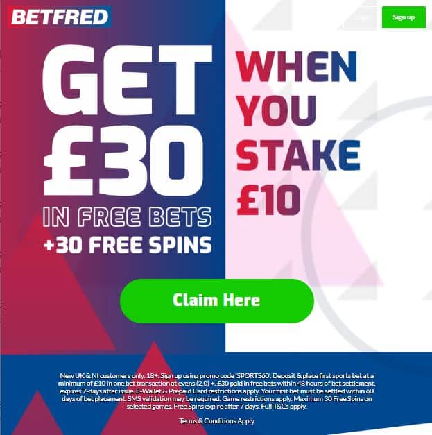 Betfred sign-up offer £30 free bet