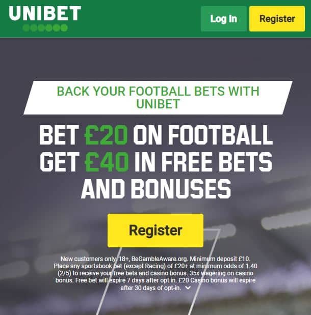 Unibet sign-up offer 20 get 40