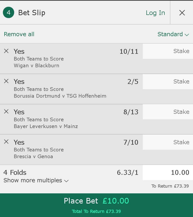 Both teams to score betting (BTTS)