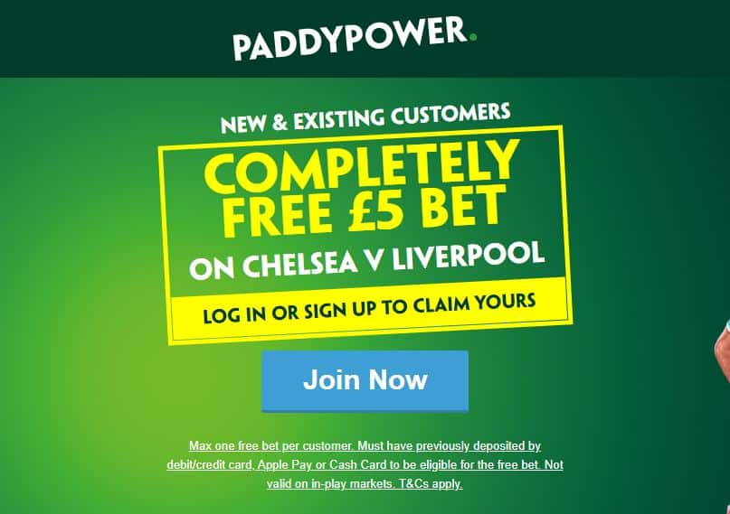 Free £5 bet Chelsea v Liverpool