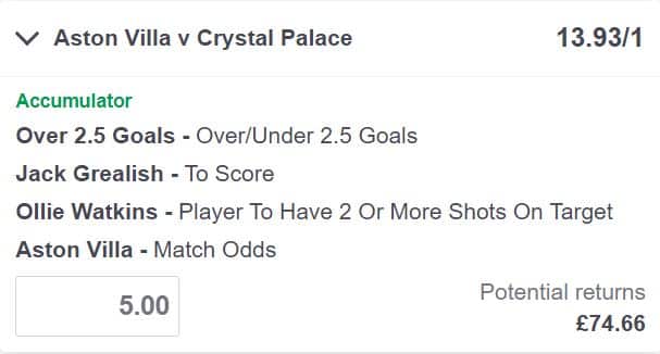 Villa vs Crystal Palace bet builder tips