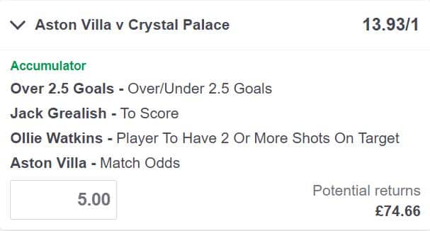 Villa vs Crystal Palace bet builder tips