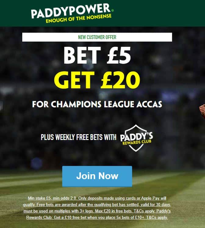 Paddy Power bet £5 get £20