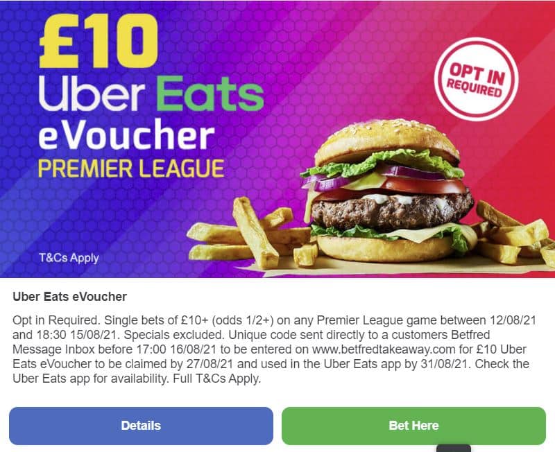 £10 Uber eats voucher Betfred