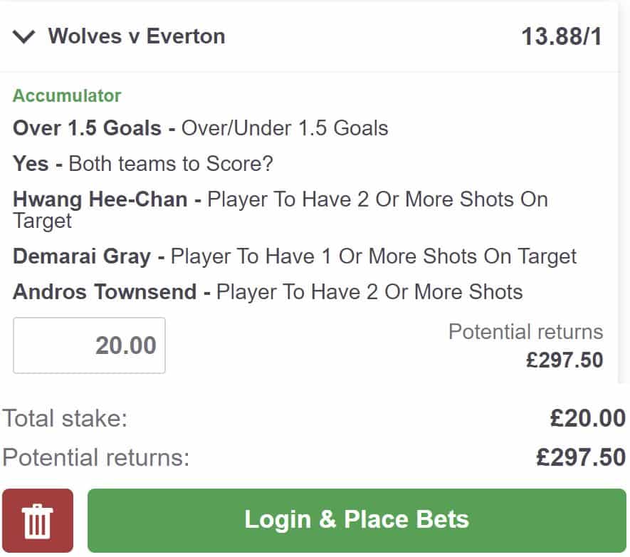 Wolves vs Everton bet builder tip