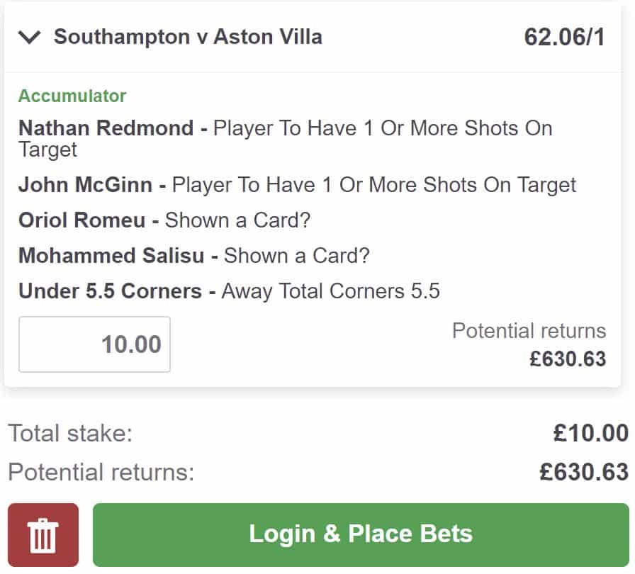 Southampton vs Aston Villa bet builder