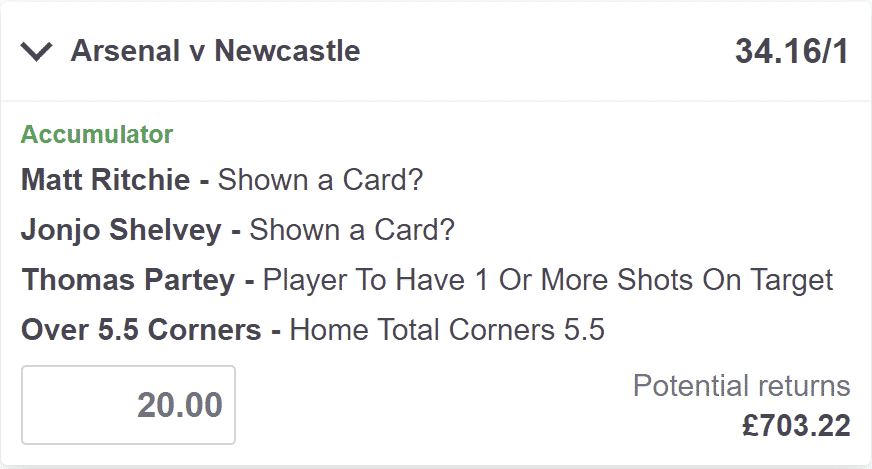 Arsenal v Newcastle bet builder tip