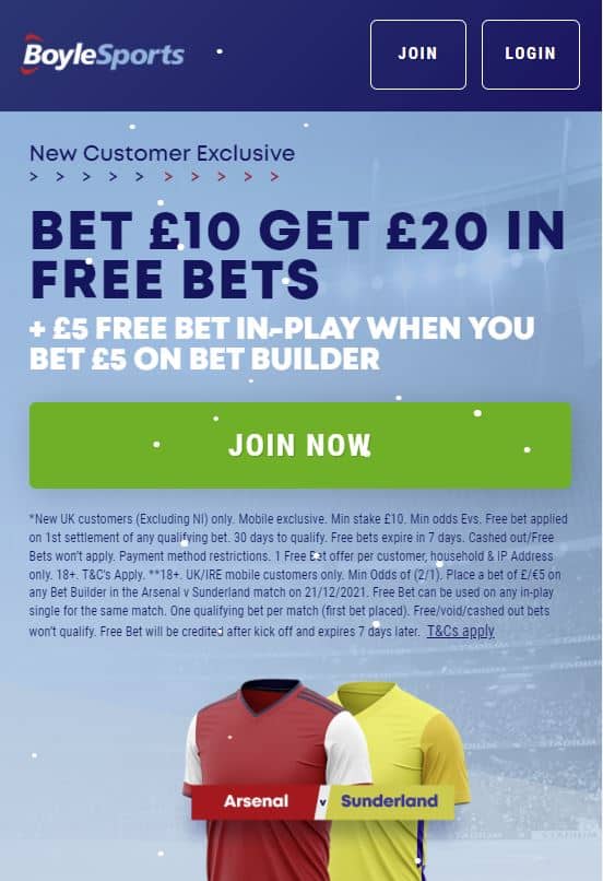 Arsenal vs Sunderland Boylesports offer