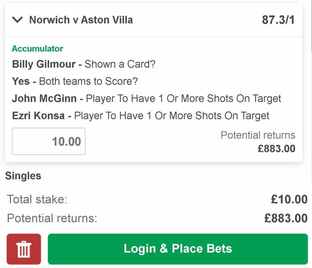 Norwich vs Aston Villa bet builder tip
