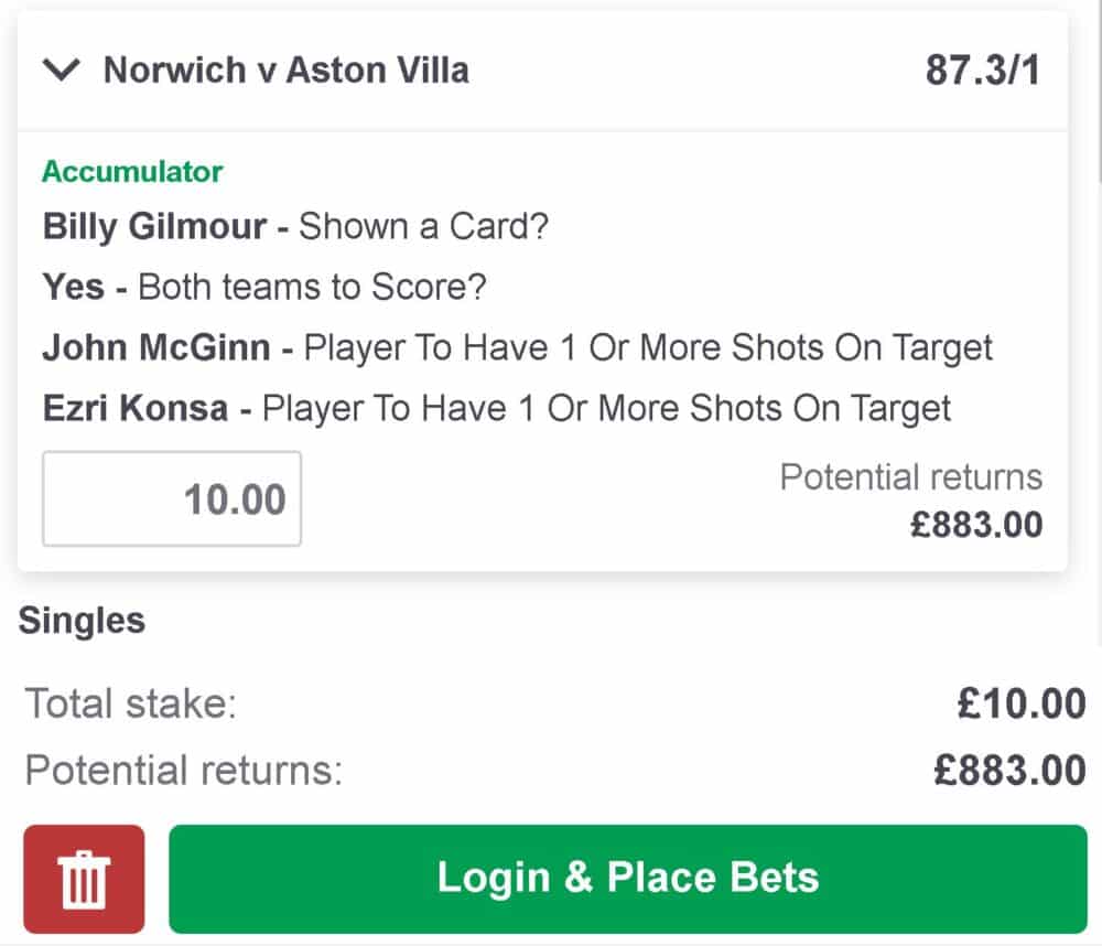 Norwich vs Aston Villa bet builder tip
