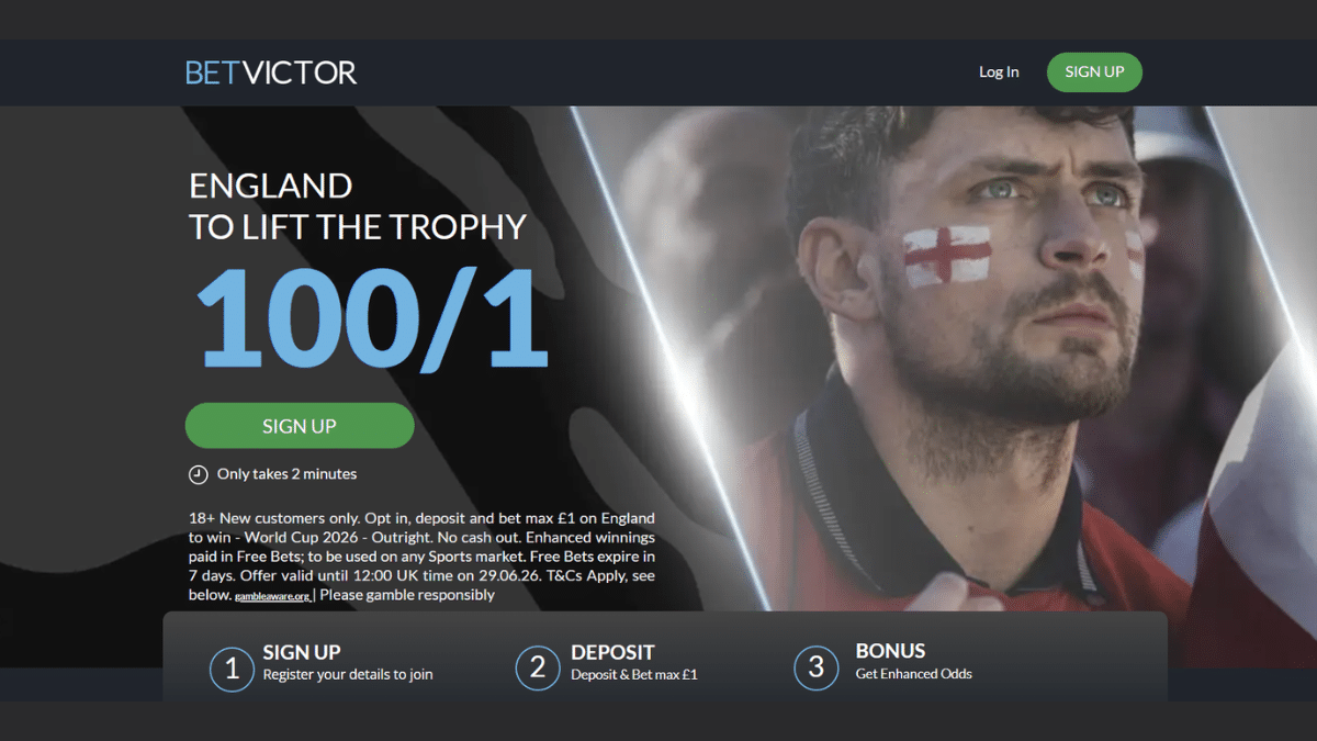 BetVictor 100/1 England World Cup offer