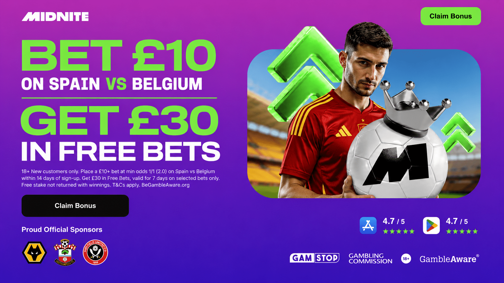 Spain vs Belgium Midnite offer